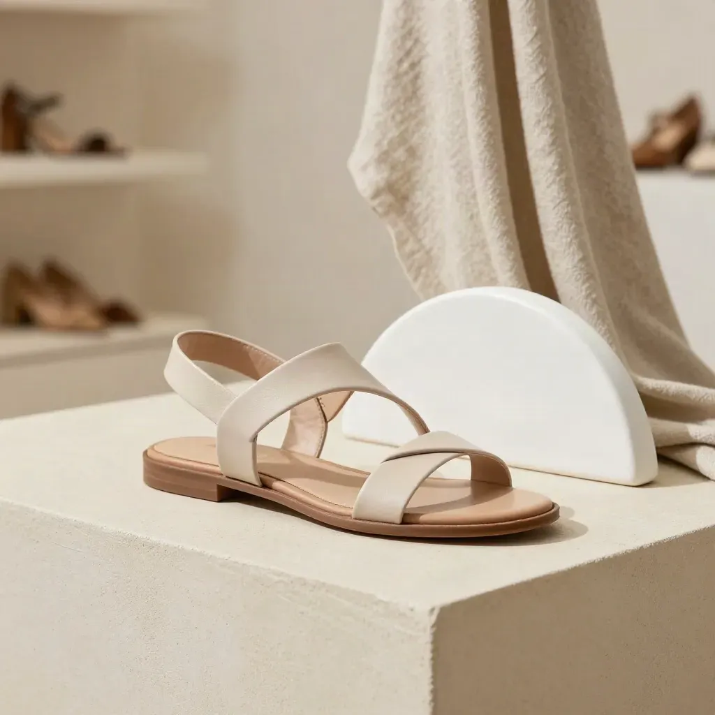 Studio hero of a tan Dune Strap Sandal with linen, plaster and ceramic on terracotta.