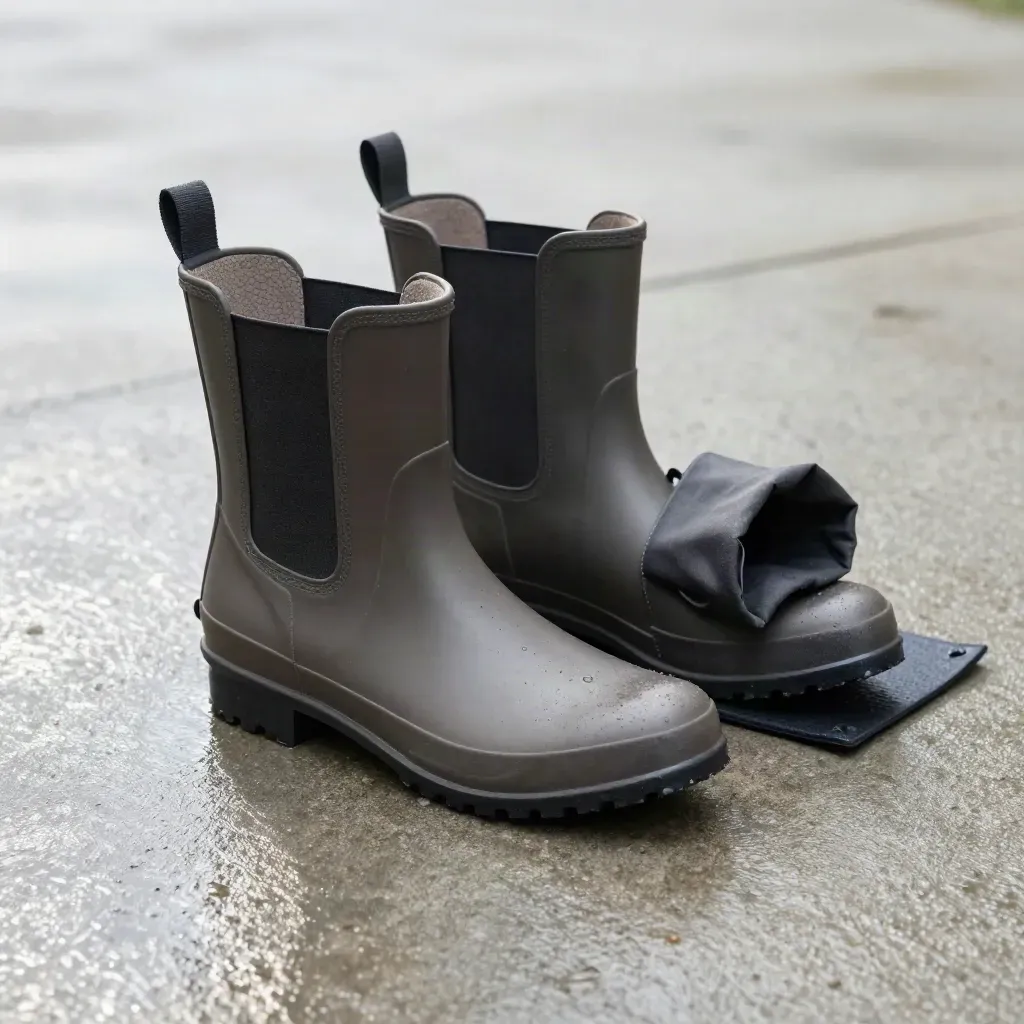 Chelsea rain boots on concrete with a wet pebble, rolled cuff and rubber mat