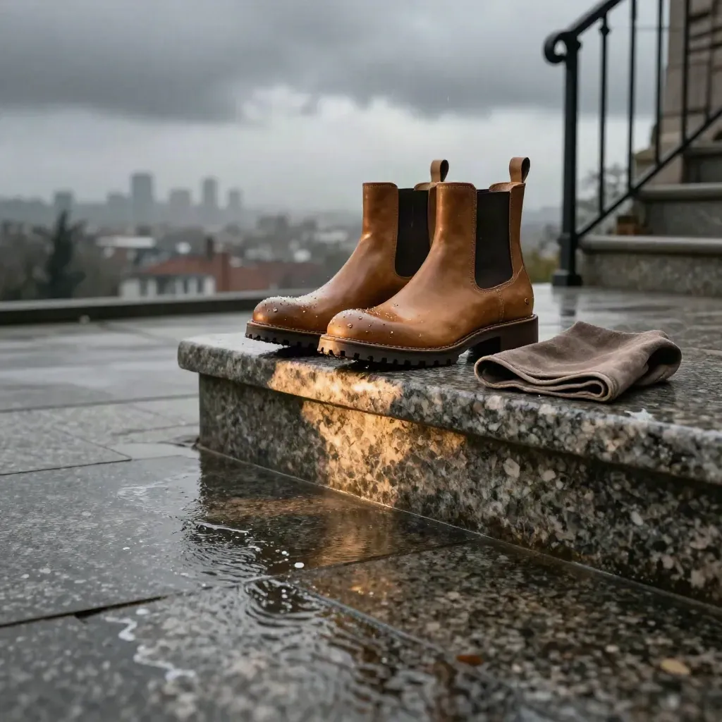 Rain-darkened boots on a wet granite terrace above a misty city skyline at golden hour