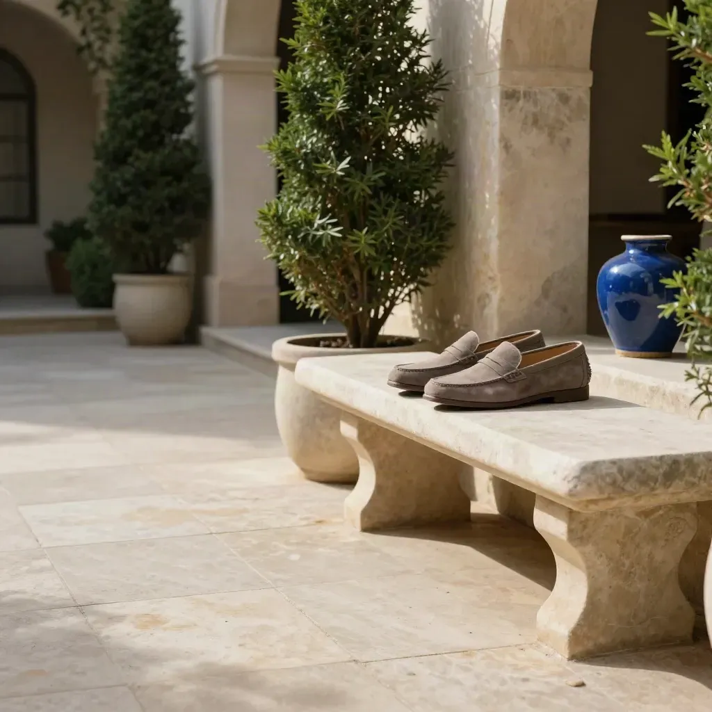 Sunlit limestone courtyard with taupe loafers on a bench and cedar shadows.