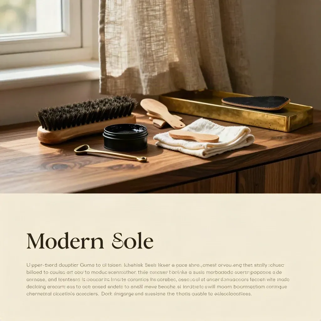 Walnut shoe-care kit with brushes, wax tins and linen curtains in soft afternoon light