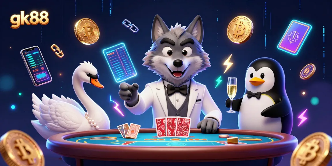 Engage in thrilling baccarat action with gk88's vibrant casino scene showcasing animated characters and crypto elements.
