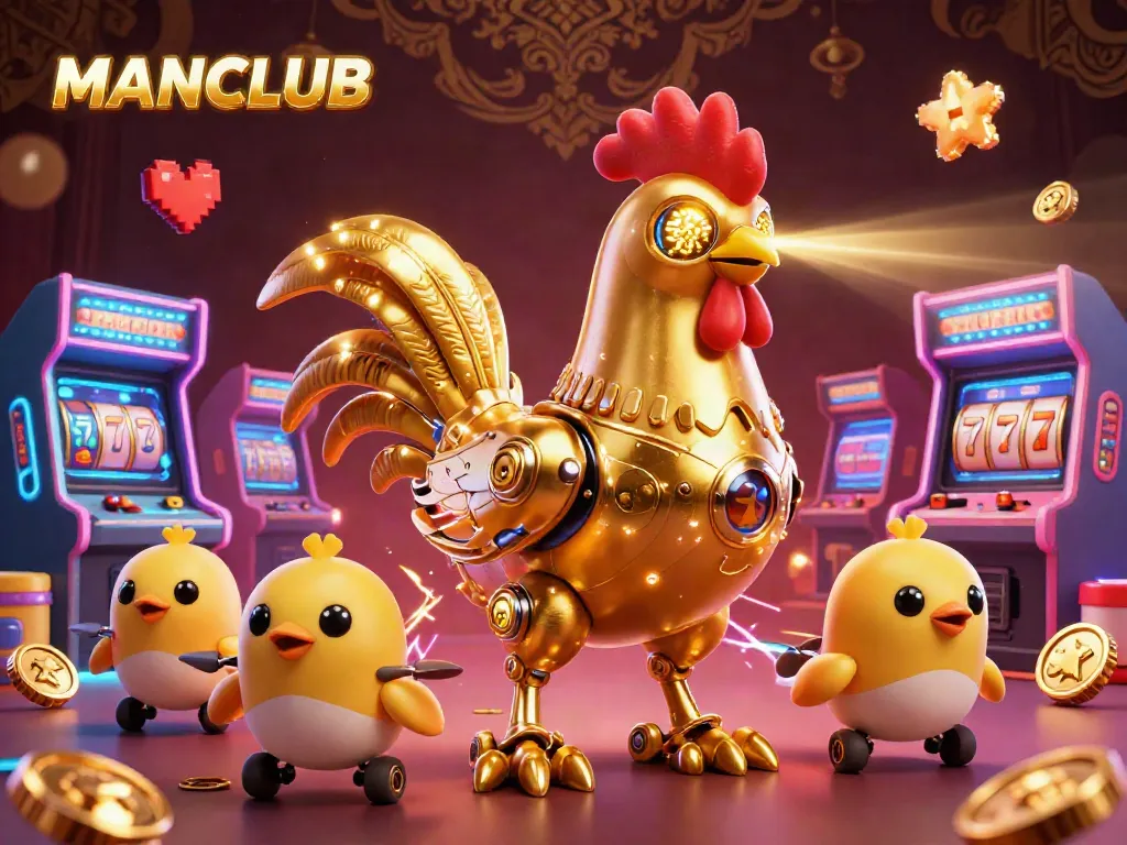 Engage with MANCLUB's vibrant casino scene featuring a golden rooster robot and dynamic jackpot elements.