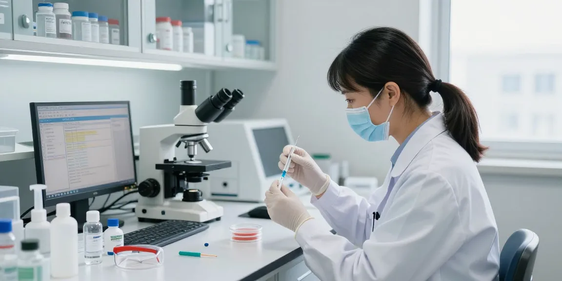 Handling syringe needles in a sterile lab environment with medical supplies for precise healthcare practice.