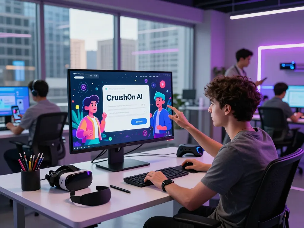 User engaging with CrushOn AI chat interface in a modern tech workspace surrounded by vibrant animations and digital characters.