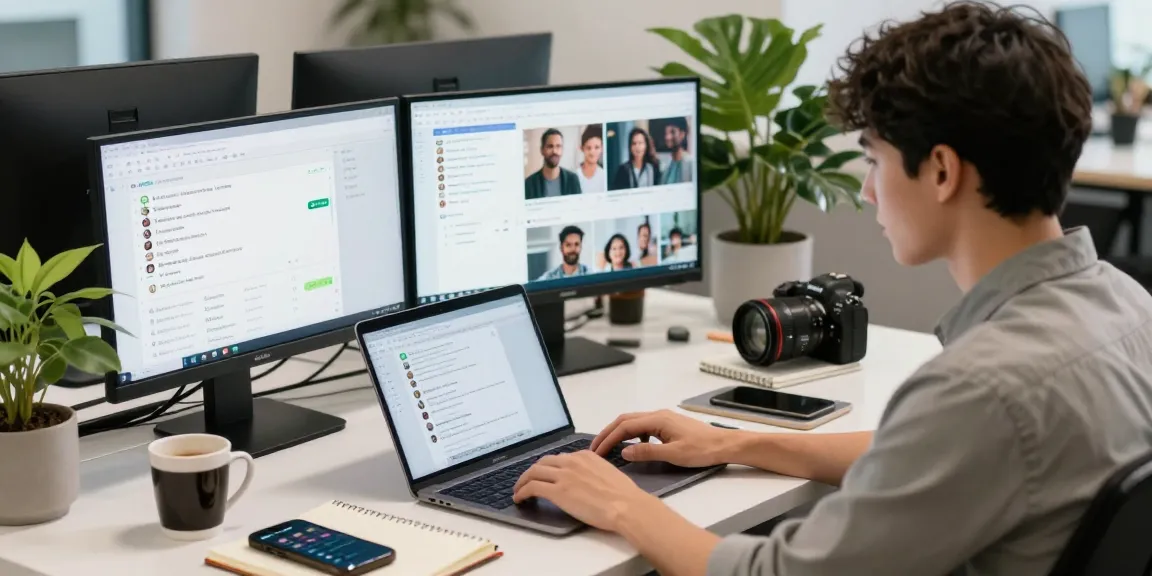 Using WhatsApp網頁版 at a modern workspace with multiple screens and digital tools.