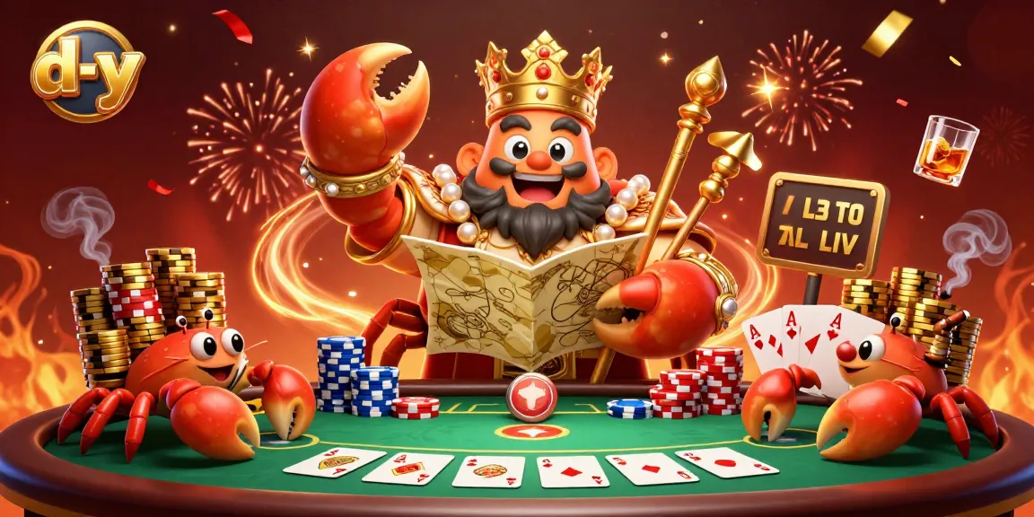Engage in thrilling poker action at d-y with a golden crab emperor overseeing vibrant gameplay.