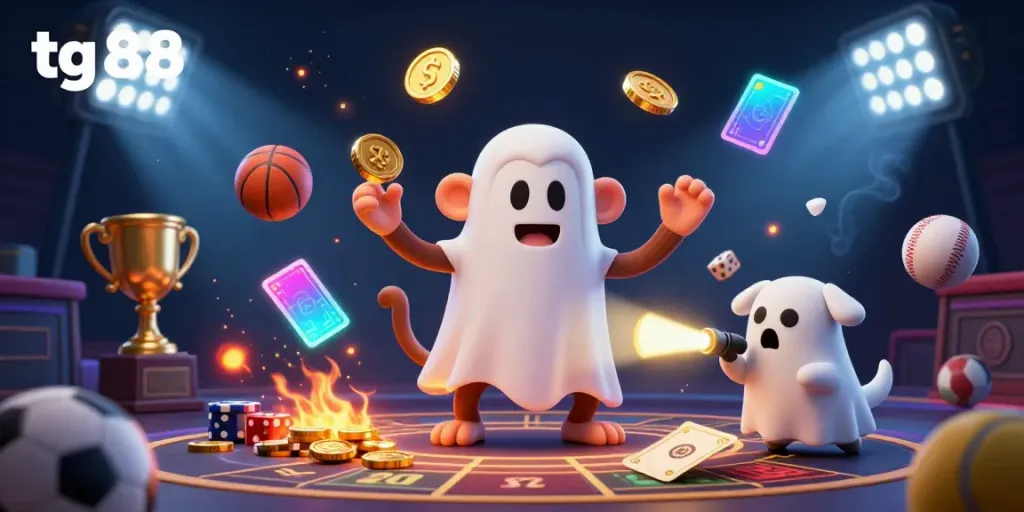 Experience the thrilling adventures with tg 88, featuring a poltergeist monkey juggling and a ghost hunter puppy tracking in a haunted casino.