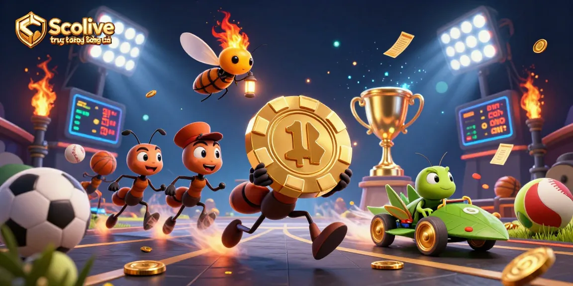 Socolive trực tiếp bóng đá heist scene with animated ants, golden chip, dynamic sports elements