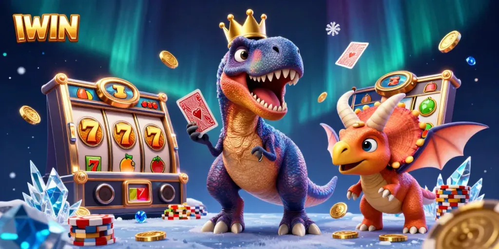 Engaging IWIN scene with a friendly T-Rex and Pterodactyl around slot reels and golden chips.