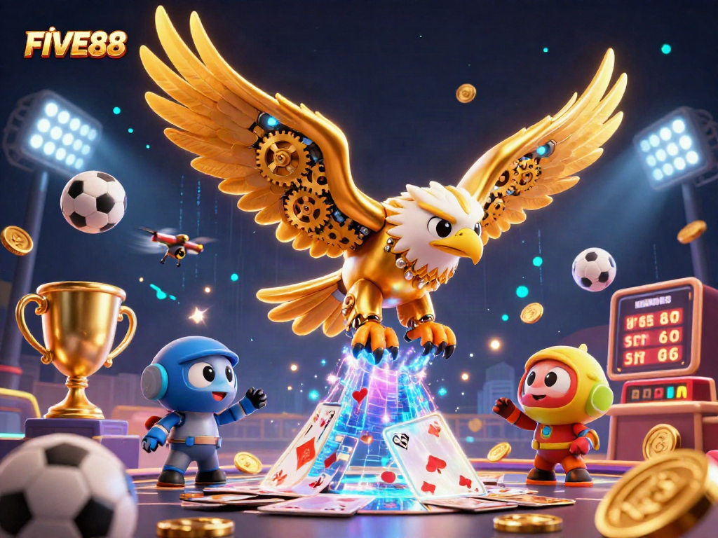 Engage with the thrilling world of FIVE88 casino strategies amidst 3D animated sports and golden elements.