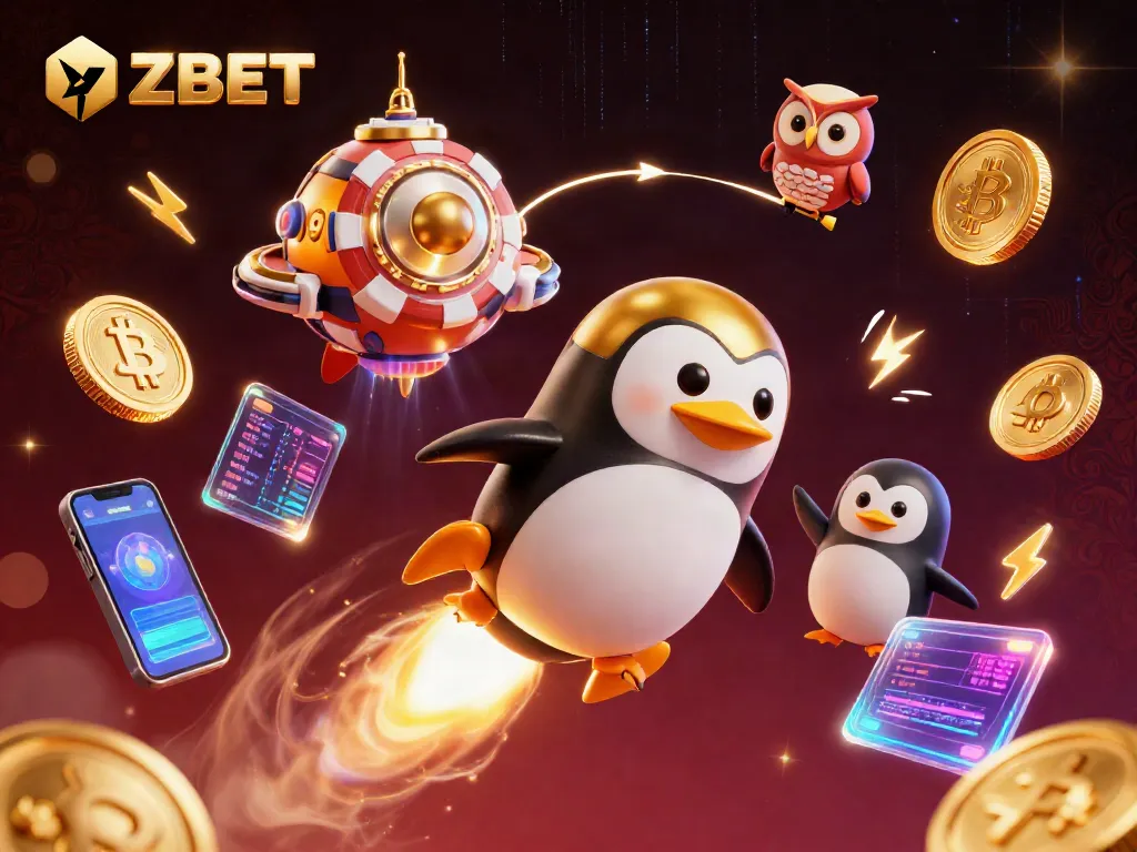 ZBET offers thrilling games featuring golden penguins and crypto excitement in a vibrant casino space scene.