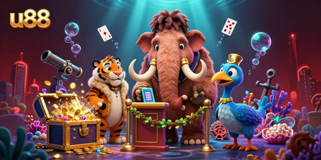 The woolly mammoth bouncer at u88 checks IDs while a saber-tooth tiger guest awaits in a vibrant casino atmosphere.
