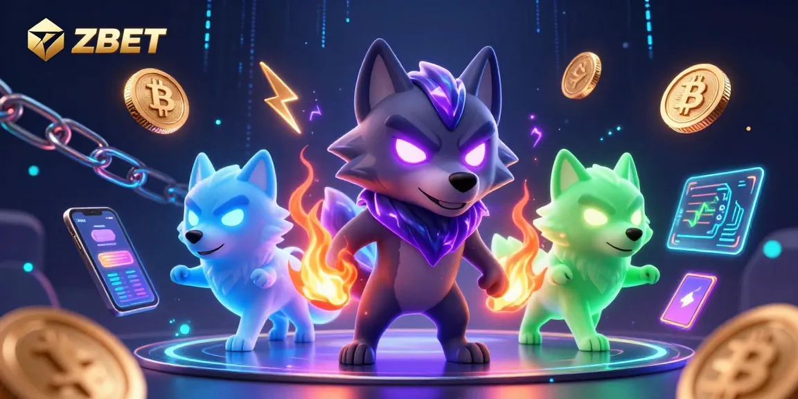 ZBET gaming scene with shadow wolf pack leader and crypto elements showcasing a vibrant online casino atmosphere.