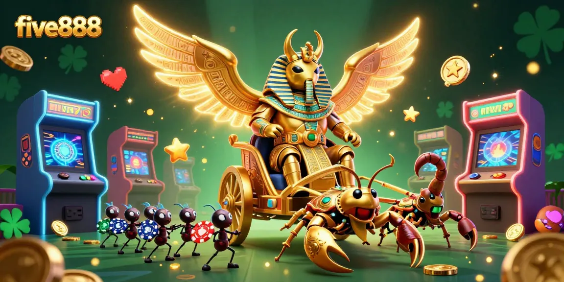 Experience thrilling gameplay as five888's colossal golden scarab beetle leads a dynamic casino adventure.