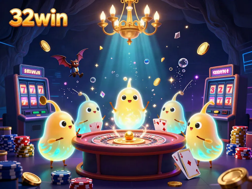 Experience the excitement of 32win with a vibrant casino scene illuminated by glowworms and a bat dealer.