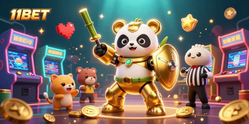 Join the exciting journey with 11BET in a vibrant casino arena featuring a golden panda and immersive gaming elements.