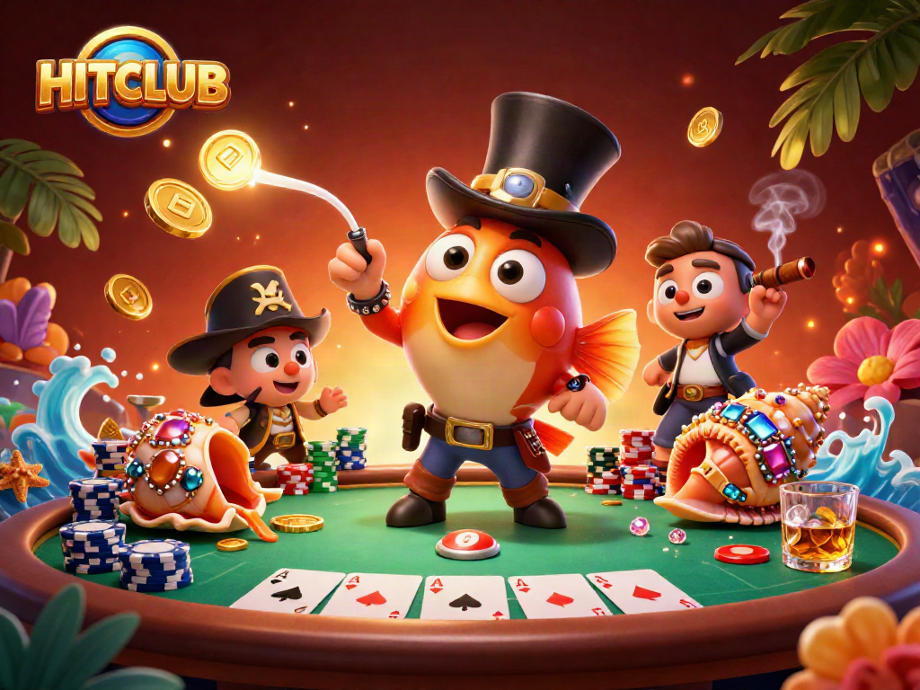 Join the excitement at HITCLUB with anglerfish, shrimp, and sea snail amidst vibrant casino visuals.