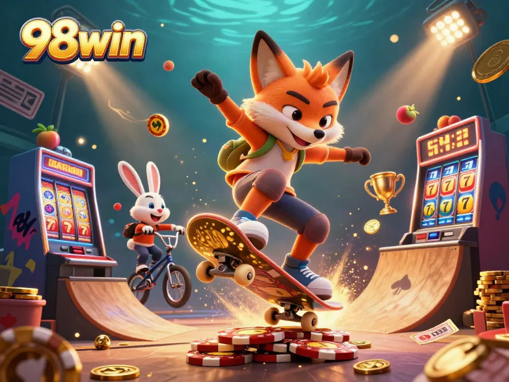 Join the excitement at 98win with a lively casino-themed scene featuring fun characters and games.