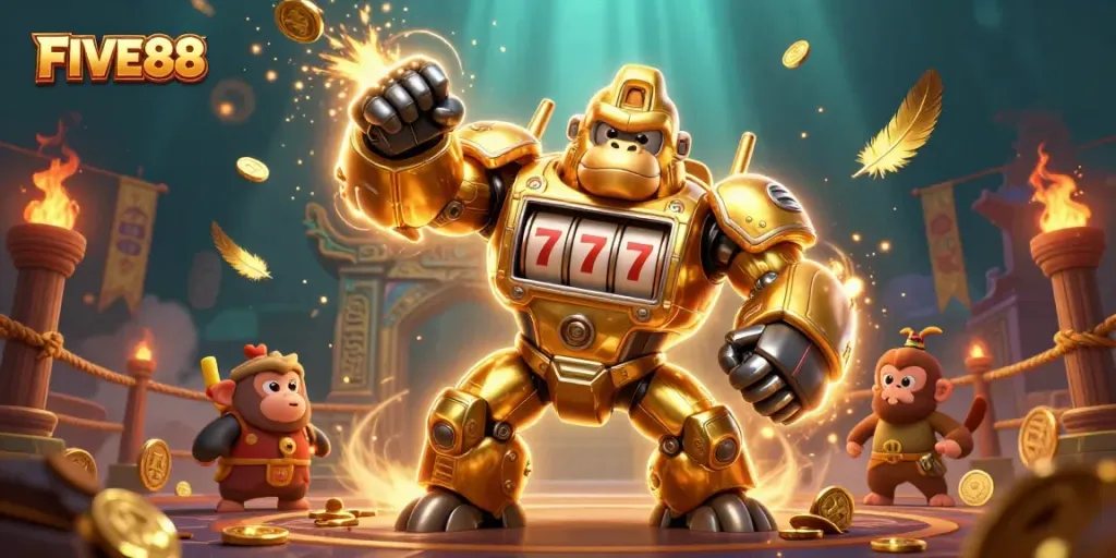 Join the action with FIVE88's dynamic 3D gambling scene featuring a golden mech and explosive coins.