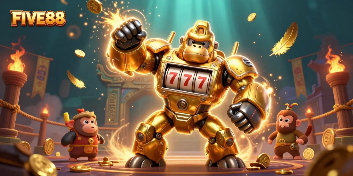 Join the action with FIVE88's dynamic 3D gambling scene featuring a golden mech and explosive coins.