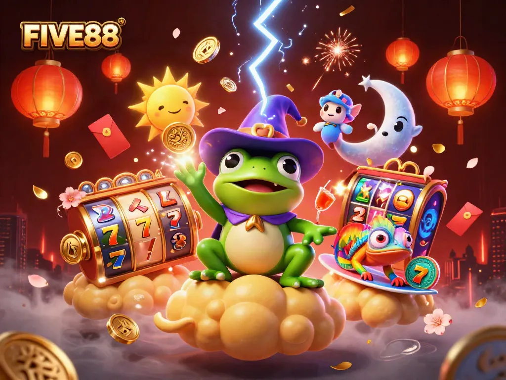 Win big at FIVE88 with a vibrant illustration of a weather wizard frog creating gold coin storms in a lively casino atmosphere.