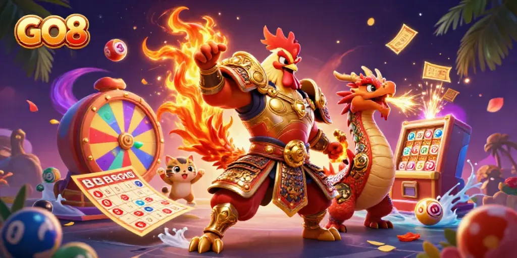 Engage with exciting GO8 casino games featuring a warrior rooster and dragon in a dynamic scene.