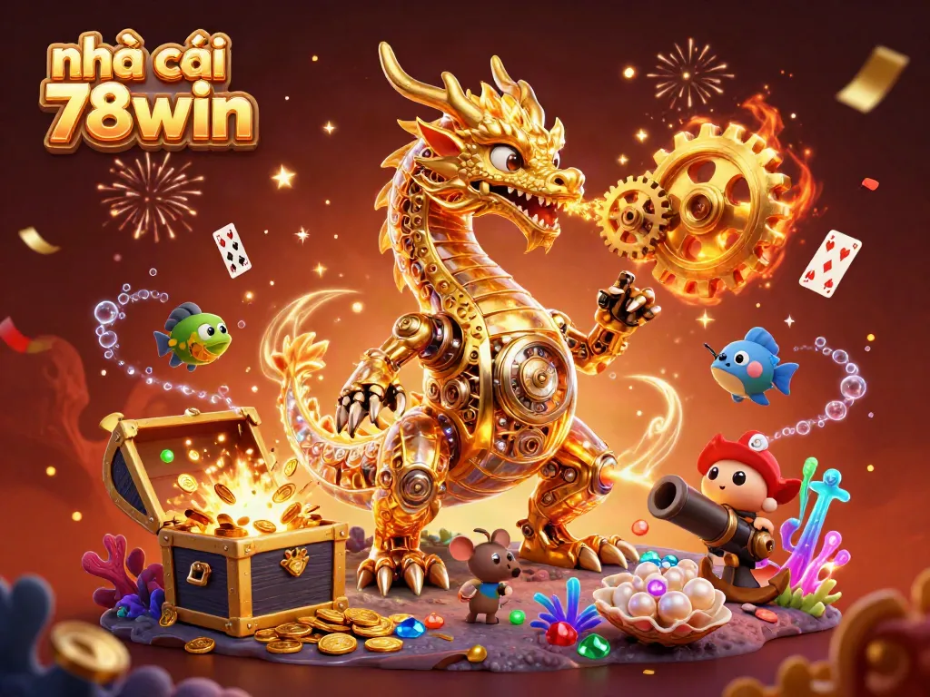 Engage with the dragon of nhà cái 78win amidst gold coins and vibrant cards in a gambling wonderland.