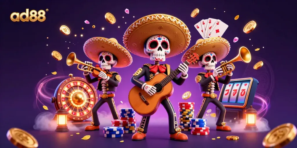 Experience excitement with ad88's engaging casino art featuring a vibrant mariachi band amidst cascading coins and games.