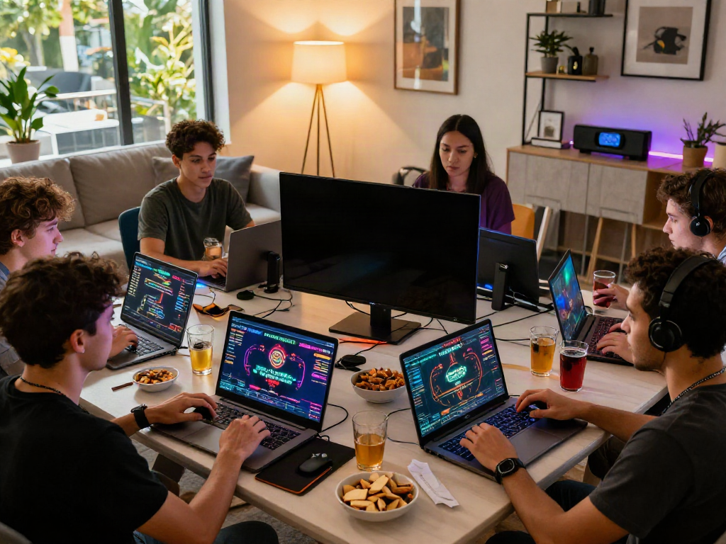 Friends enjoying a lively game night on Streek Crypto Casino Canada with vibrant decor and snacks.