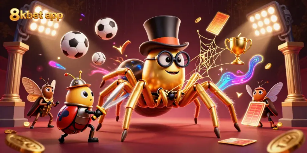 Engage with the exciting 8xbet app in a vibrant 3D casino scene filled with sports action.