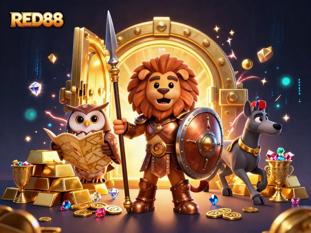Join the excitement at RED88 Casino with a Spartan lion, strategic owl, and swift greyhound amidst treasures!