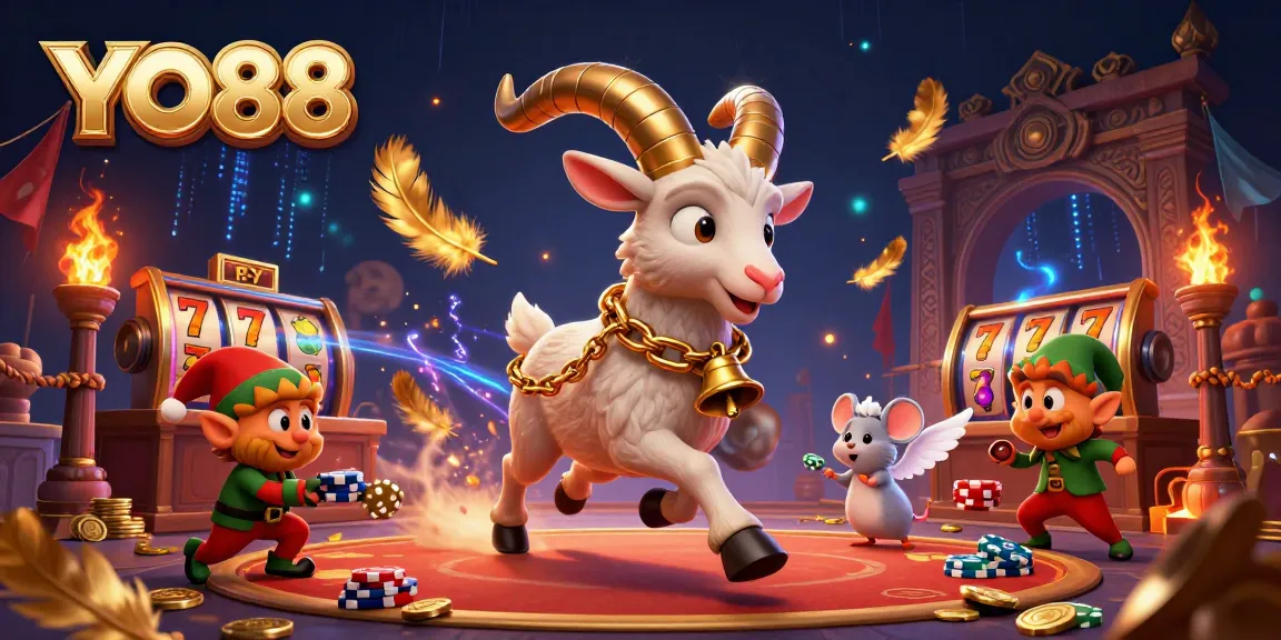 Engage with YO88 in a festive 3D casino scene featuring Krampus, elves, and slot machines.