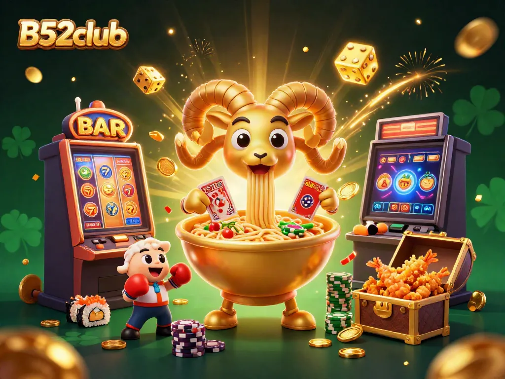 Engage with the vibrant B52club casino, featuring a golden ramen bowl and exciting games.