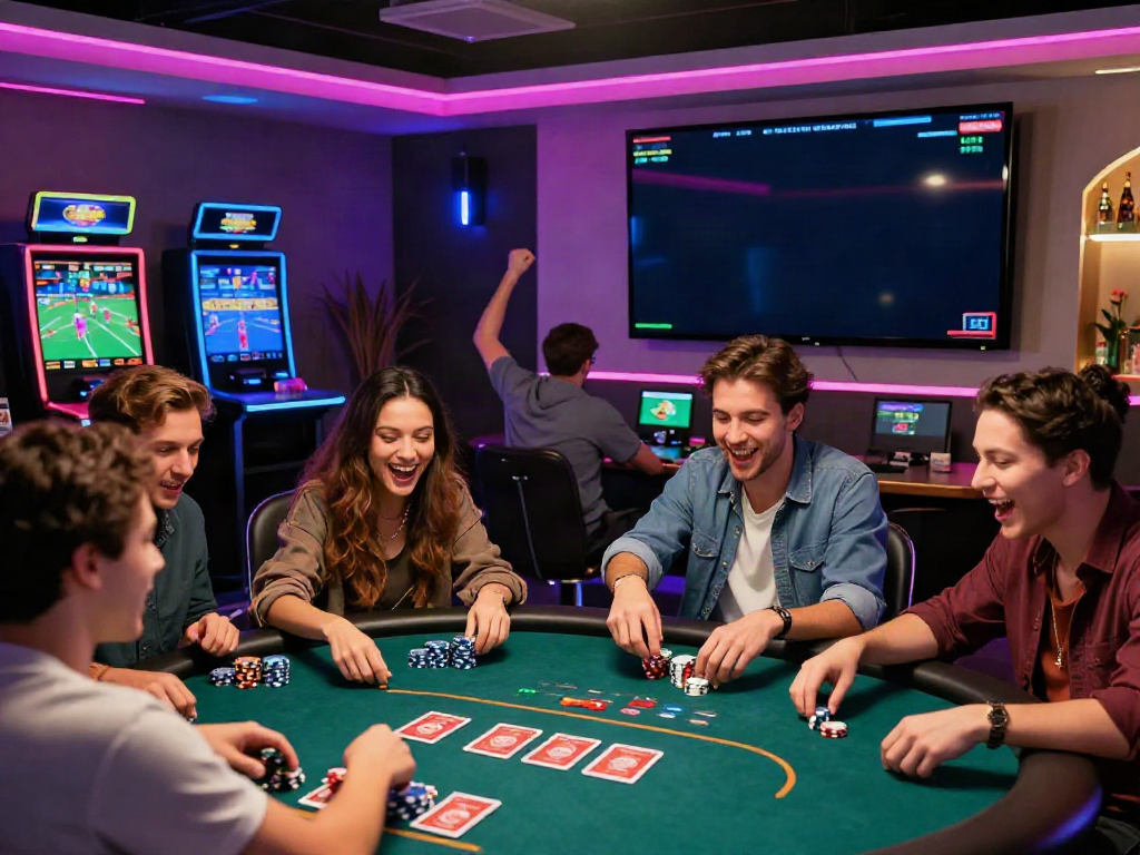 Exciting gaming scene at https://fc88v1.com/ with friends watching live sports and engaging in online betting.
