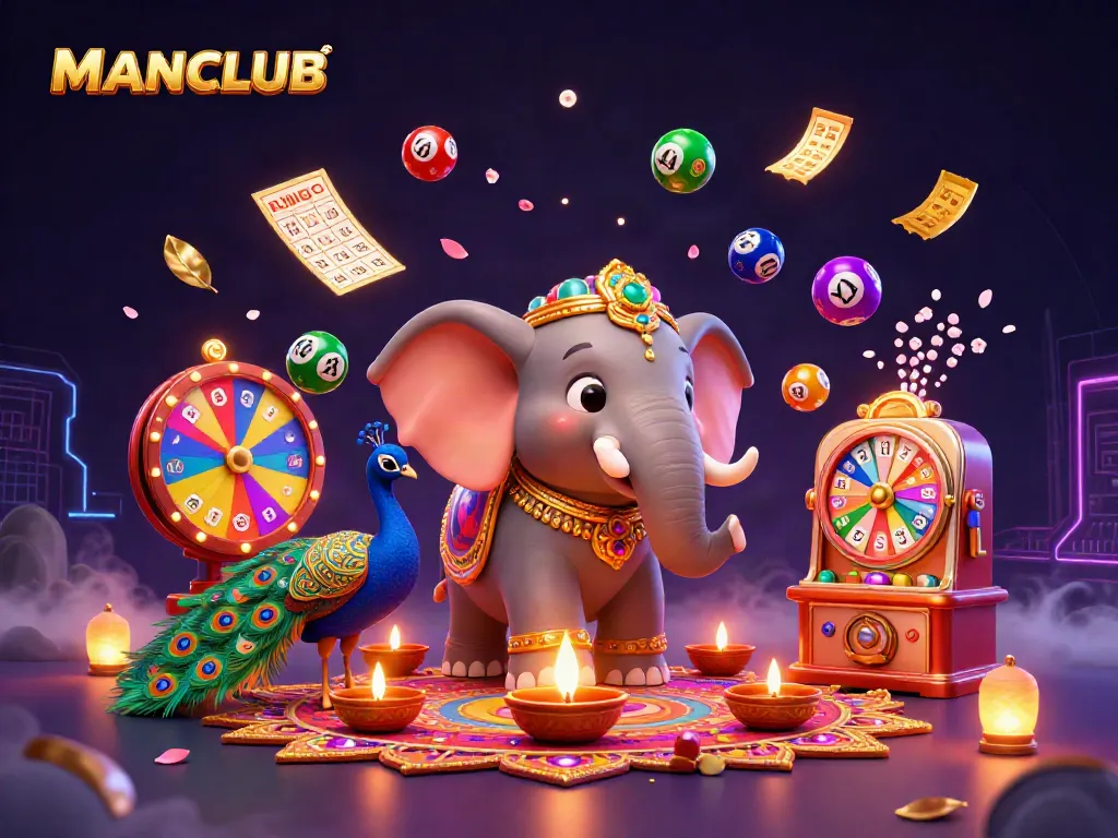 Engage with MANCLUB's vibrant lottery scene, featuring dynamic elements like spinning wheels and bouncing balls.