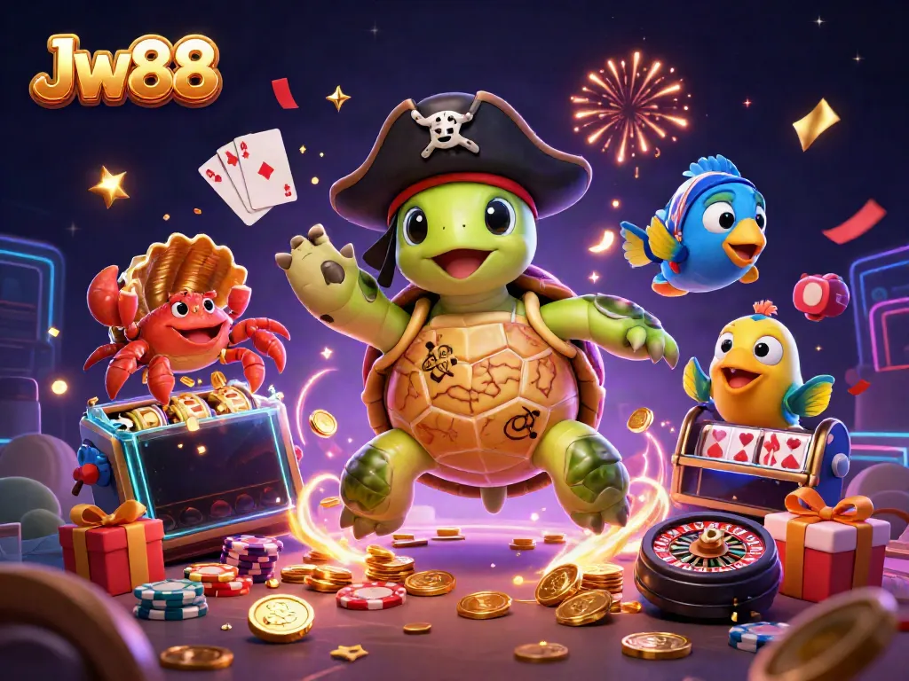 Engaging Jw88 scene showcasing vibrant slot elements with a pirate turtle, crab, and parrotfish.