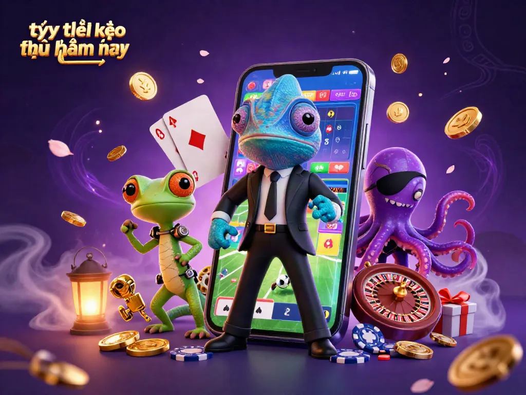 Tỷ lệ kèo nhà cái hôm nay is vividly captured in a dynamic 3D scene featuring a colorful sports betting interface.