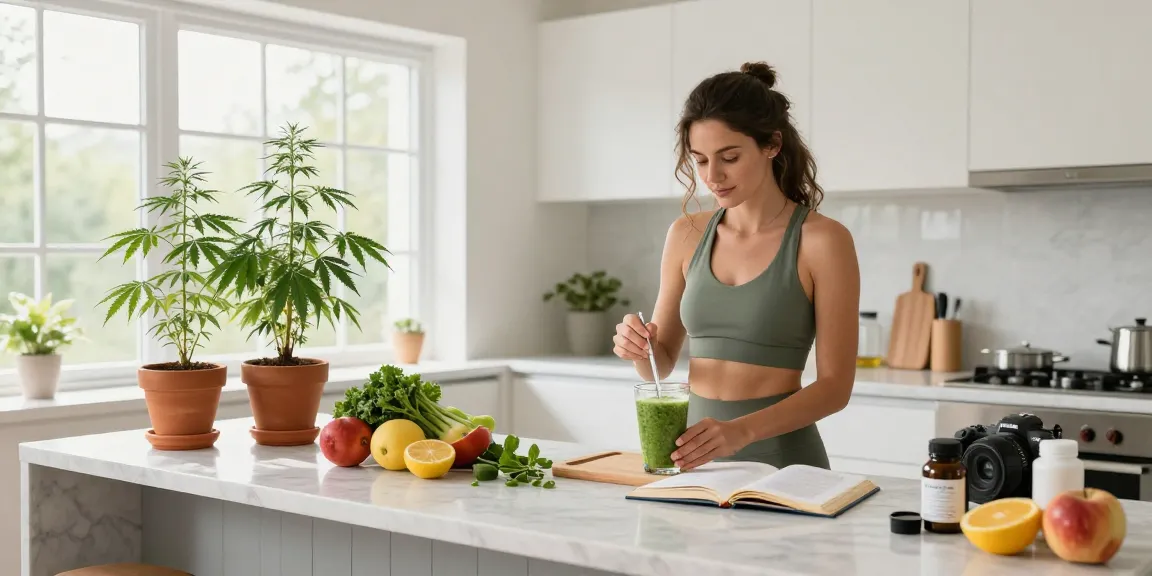 official Ministry of Cannabis CBD oil in a wellness kitchen with fresh ingredients, herbal plants, and healthy lifestyle elements.