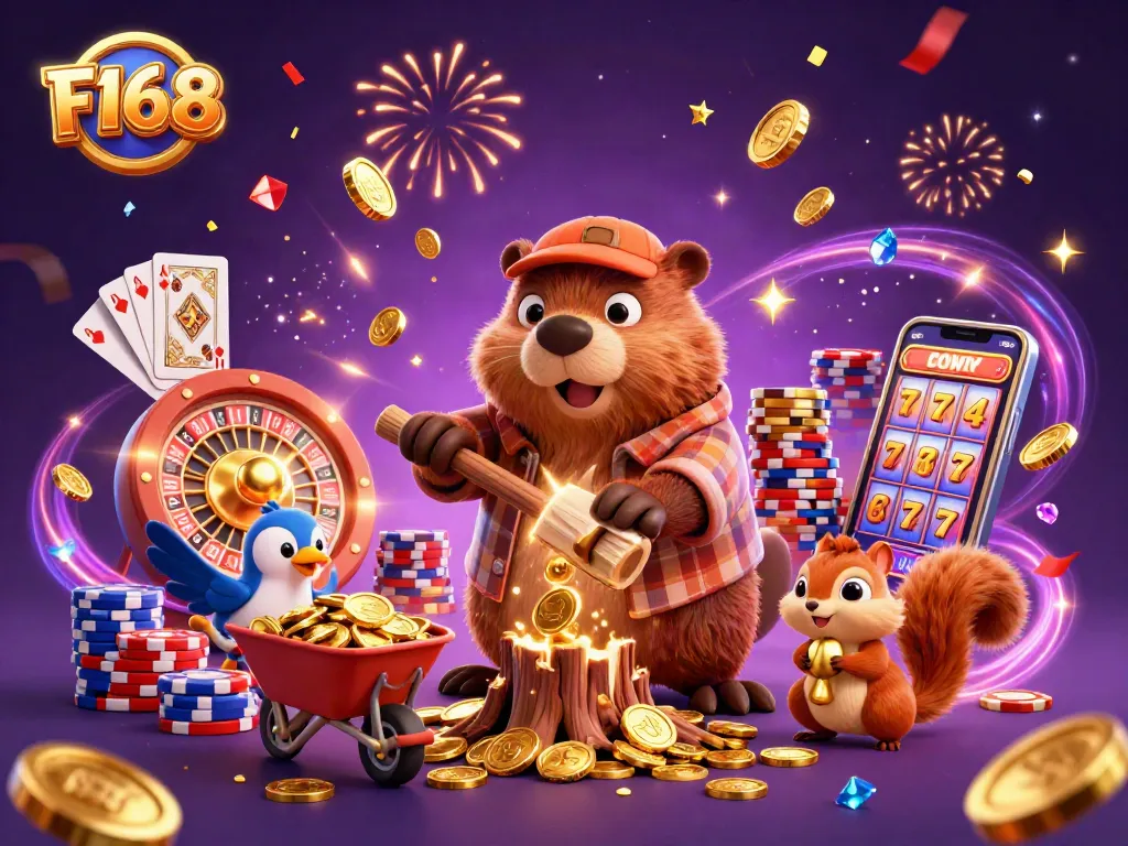 Visit F168 as a vibrant cartoon scene showcases a beaver and friends celebrating with cascading coins and dynamic casino elements.