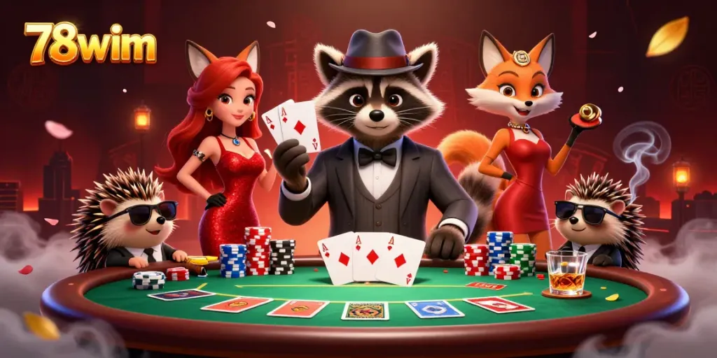 Engage in high-stakes poker action with 78wim characters at a vibrant casino scene.