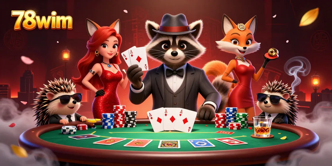 Engage in high-stakes poker action with 78wim characters at a vibrant casino scene.