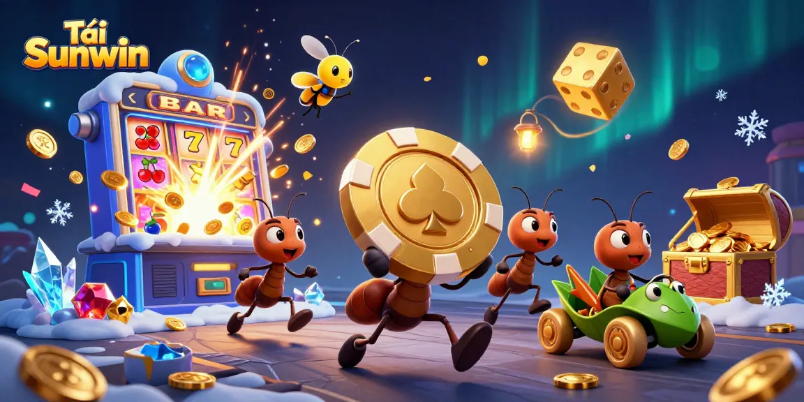 Tải Sunwin as ants carry a giant poker chip in a heist, surrounded by casino elements.