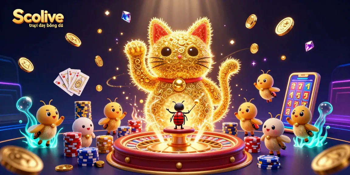Experience Socolive trực tiếp bóng đá with a vibrant scene featuring a lucky cat, golden coins, and exciting casino elements.