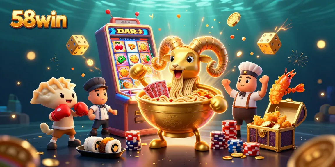 58win's vibrant casino scene with giant ramen bowl dealer and dynamic game elements